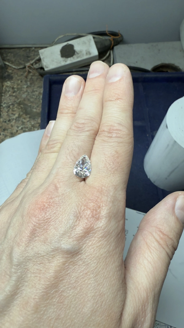 A pear-cut diamond on hand at a Surat workshop.